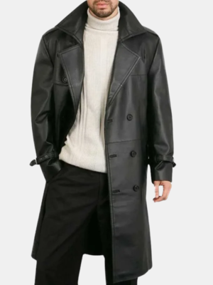 Men's Belted Double Breasted Black Leather Trench Coat