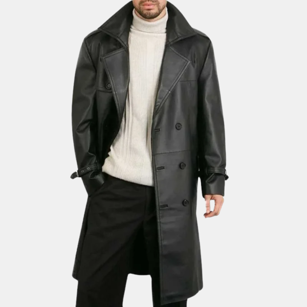 Men's Belted Double Breasted Black Leather Trench Coat