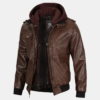 Edinburgh Men's Dark Brown Leather Bomber Jacket With Removable Hood