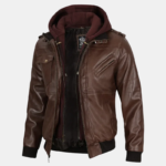 Edinburgh Men's Dark Brown Leather Bomber Jacket With Removable Hood - Image 3