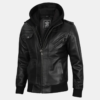 Men's Black Leather Moto Jacket with Hoodie