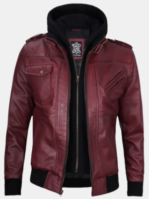 Men's Burgundy Leather Jacket with Removable Hood