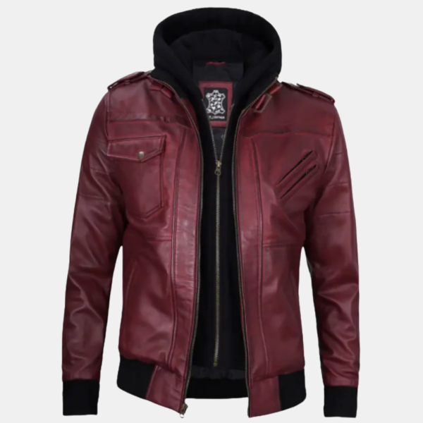 Men's Burgundy Leather Jacket with Removable Hood