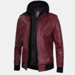 Men's Burgundy Leather Jacket with Removable Hood - Image 3