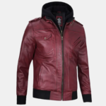 Men's Burgundy Leather Jacket with Removable Hood - Image 2