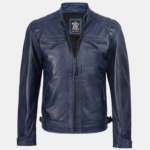 Men's Blue Leather Wax Cafe Racer Biker Jacket - Image 2