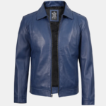Men’s Classic Blue Real Leather Bomber Jacket - Image 2