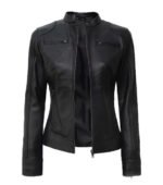 Women's Black Lambskin Leather Biker Jacket — Low Stock - Image 2