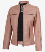 Austin Women's Pink Cafe Racer Real Leather Jacket - Image 2
