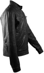 Men's Black Real Leather Cafe Racer Jacket — Diamond Pattern Shoulders - Image 3