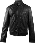 Men's Black Real Leather Cafe Racer Jacket — Diamond Pattern Shoulders - Image 2