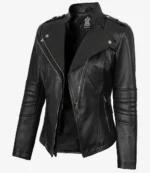 Women's Black Asymmetrical Leather Biker Style Jacket - Image 3