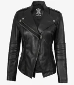 Women's Black Asymmetrical Leather Biker Style Jacket - Image 4