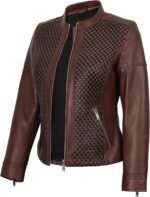 Cognac Wax Women's Leather Café Racer Jacket — Textured - Image 3