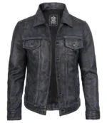 Men’s Black Distressed Washed Real Leather Trucker Jacket - Image 2