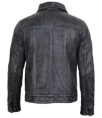 Men’s Black Distressed Washed Real Leather Trucker Jacket - Image 4