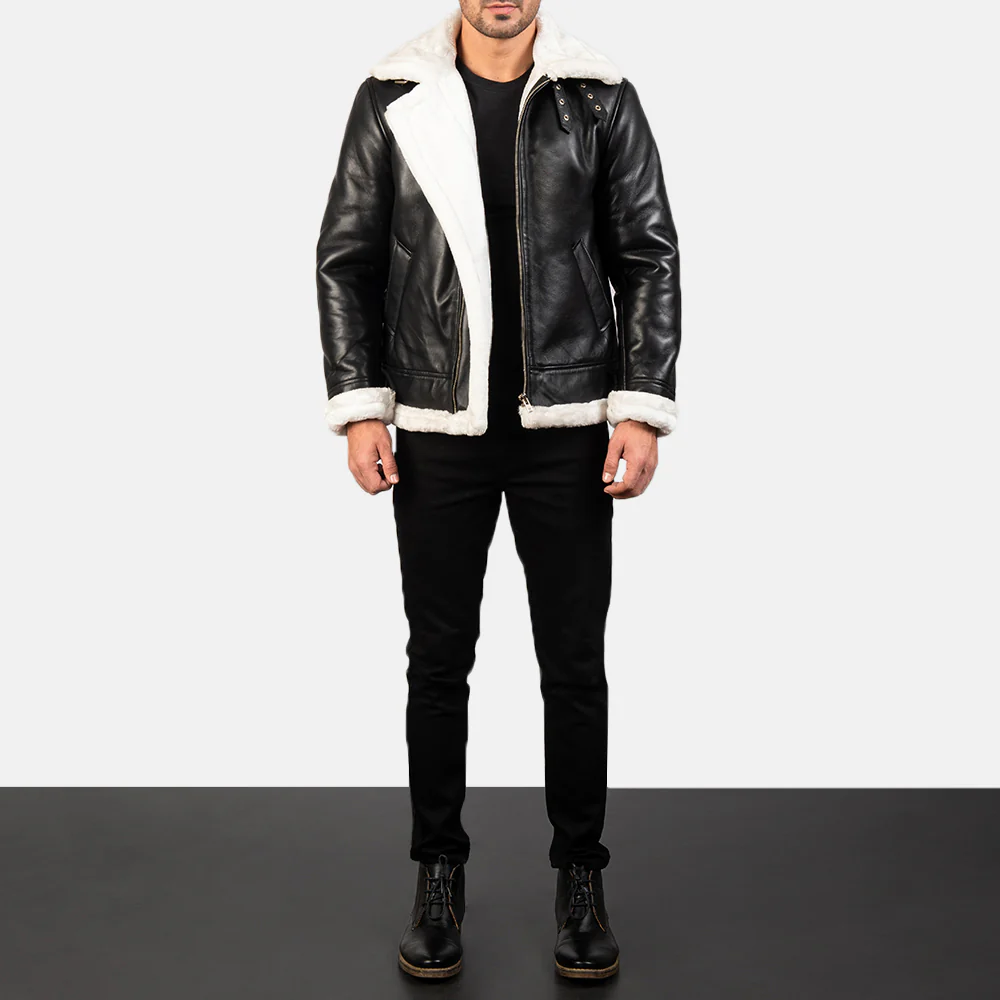 Francis B-3 Black & White Leather Bomber Jacket - Image 3