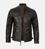 Men's Vintage Dark Brown Cafe Racer Leather Jacket - Image 2