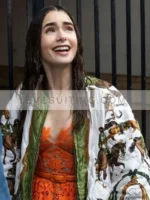 Own the Iconic Emily In Paris S02 Lily Collins Silk Bomber Jacket - Image 2