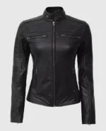 Women's Black Cafe Racer Leather Jacket - Image 2