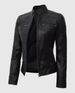 Women's Black Cafe Racer Leather Jacket - Image 4