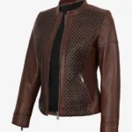 Cognac Wax Women's Leather Cafe Racer Jacket — Textured