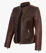 Cognac Wax Women's Leather Cafe Racer Jacket — Textured