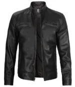 Dodge Men's Black Leather Cafe Racer Jacket