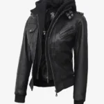 Edinburgh Women's Bomber Black Leather Jacket with Removable Hood