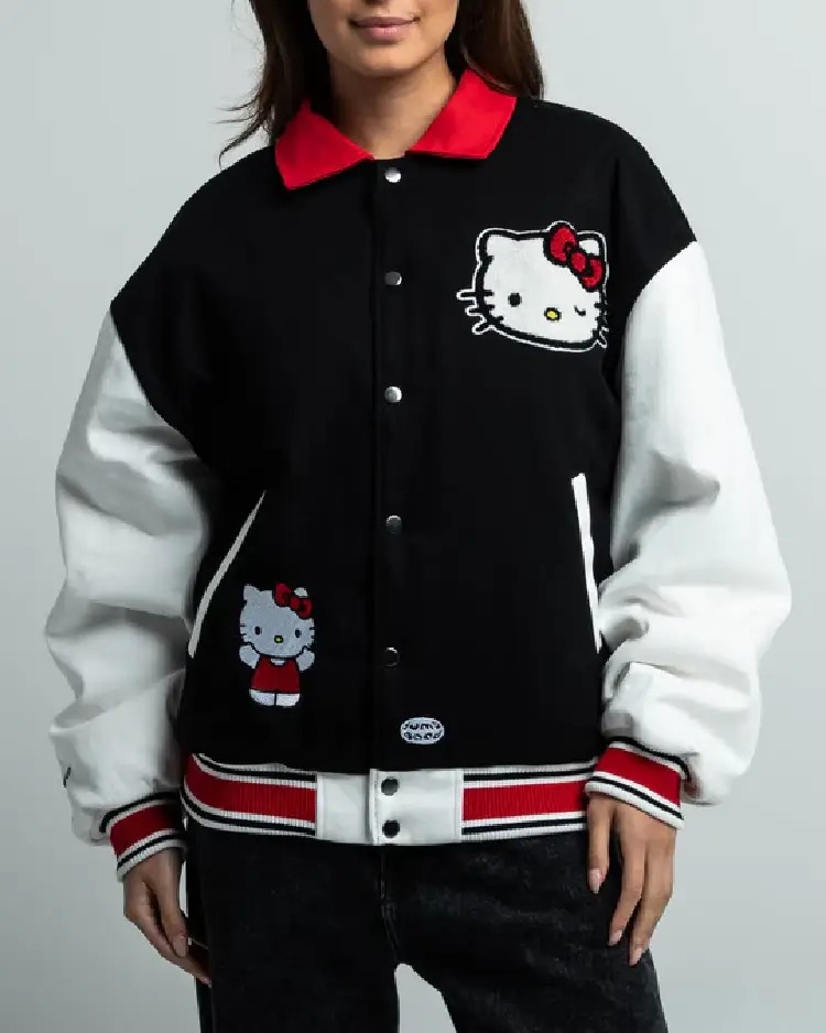 Iconic Hello Kitty Black and White Varsity Jacket | Cute Varsity Style Iconic Hello Kitty Black and White Varsity Jacket | Cute Varsity Style