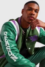 B Patch Varsity Jacket | Letter B Bomber with Faux Leather Sleeves - Image 2