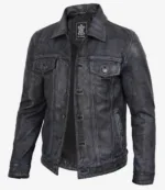 Men’s Black Distressed Washed Real Leather Trucker Jacket