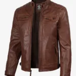 Men’s Cognac Brown Quilted Leather Biker Jacket