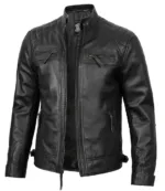 Men's Black Real Leather Cafe Racer Jacket — Diamond Pattern Shoulders