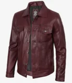 Men's Burgundy Real Leather Trucker Jacket