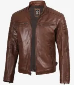 Men's Cognac Brown Cafe Racer Lambskin Leather Jacket