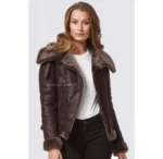 Women Fitted Sheepskin Aviator Jacket Big Collar Shearling Jacket - Image 3