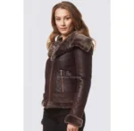 Women Fitted Sheepskin Aviator Jacket Big Collar Shearling Jacket - Image 4