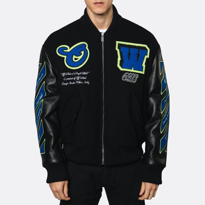 Off-White Varsity Jacket | Virgil Abloh Black Deconstructed Letterman Jacket Off-White Varsity Jacket | Virgil Abloh Black Deconstructed Letterman Jacket