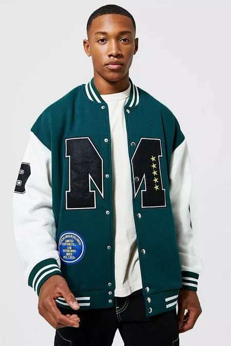 Oversized M Jacket | Bold Appliqué Letter M Varsity & Jersey Jacket Oversized M Jacket | Bold Appliqué Letter M Varsity & Jersey Jacket