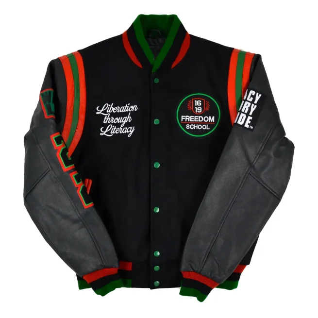 owerful 1619 Freedom School Motto 2.0 Varsity Jacket | Official Wear owerful 1619 Freedom School Motto 2.0 Varsity Jacket | Official Wear