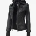 Tralee Black Bomber Women's Leather Jacket With Removable Hood