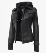 Tralee Black Bomber Women's Leather Jacket With Removable Hood