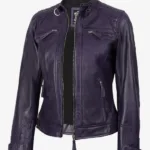 Women Purple Quilted Leather Cafe Racer Jacket
