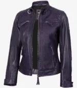 Women Purple Quilted Leather Cafe Racer Jacket