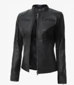 Women's Black Lambskin Leather Biker Jacket — Low Stock