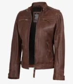 Womens Cognac Leather Biker Style Jacket - Quilted Shoulder