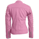 Leather Skin Women Pink Quilted Gold Studded Skeletons Genuine Leather Jacket - Image 3