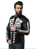 Black Biker Leather Jacket with White Skeleton - Image 3
