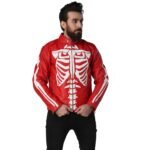 Leather Skin Men Red Skeleton Biker Motorcycle Genuine Leather Jacket